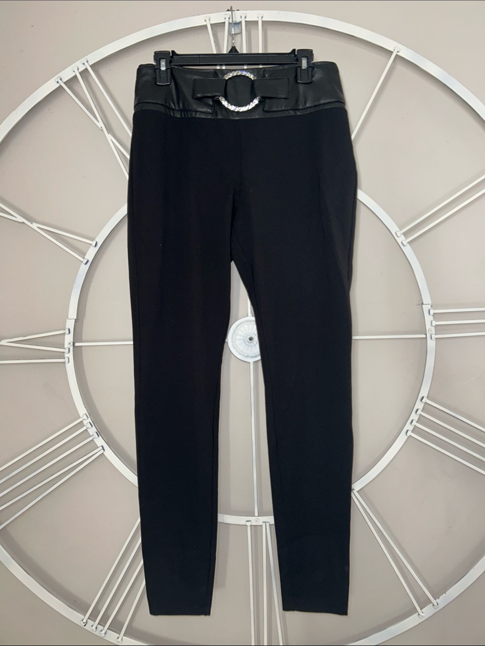 NWT bebe High- Waisted Black Faux Leather Trim Leggings with Rhinestone Buckle